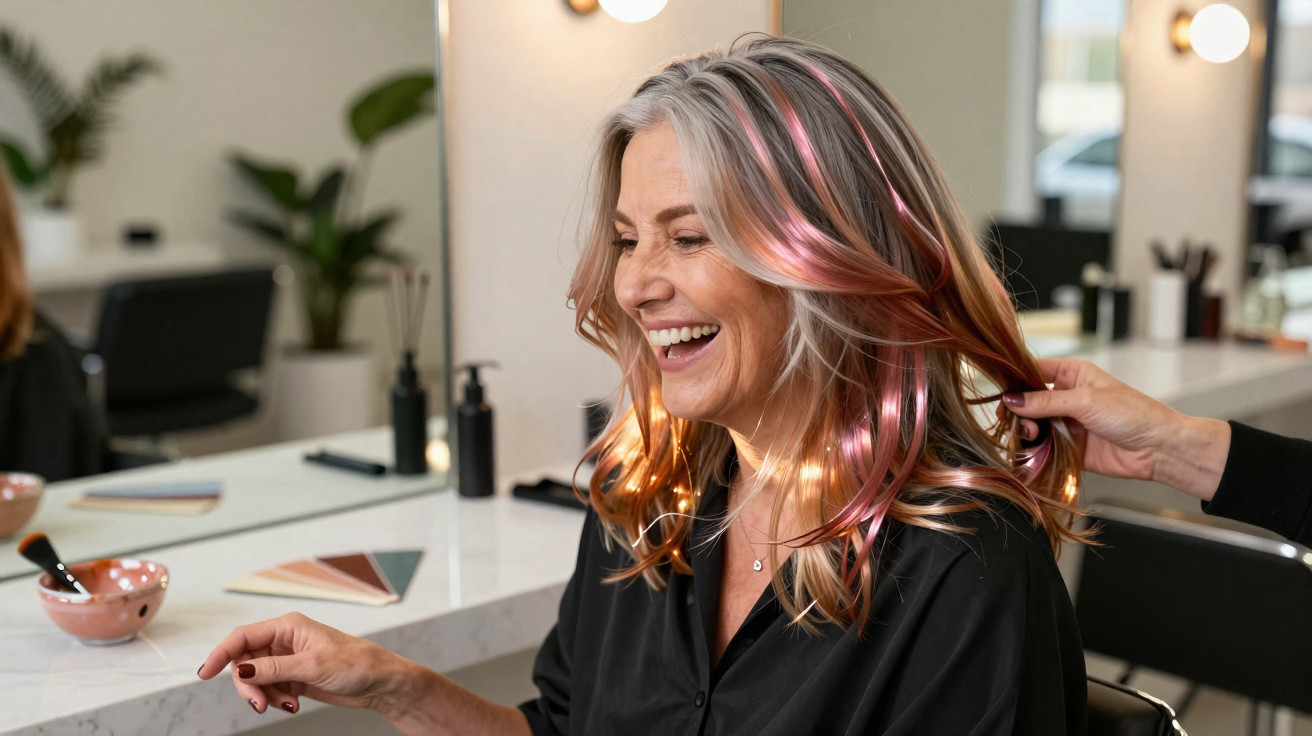 Mulher sorridente com cabelo loiro e reflexos rosa recebe tratamento no salão de cabeleireiro.