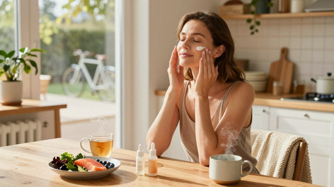 Mulher a aplicar creme facial, sentada à mesa com chá, comida saudável e produtos de beleza.