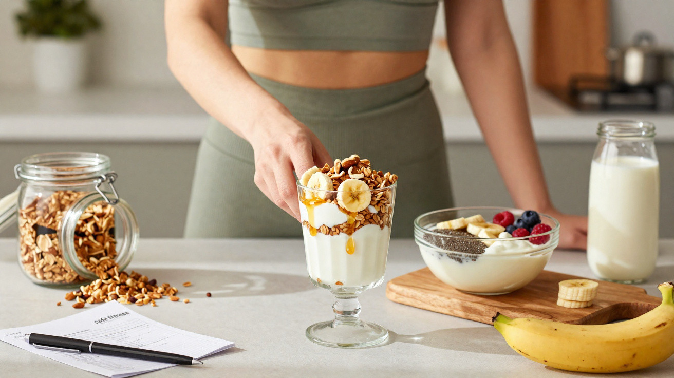 Pessoa a preparar iogurte com granola, rodelas de banana e mel numa cozinha moderna.
