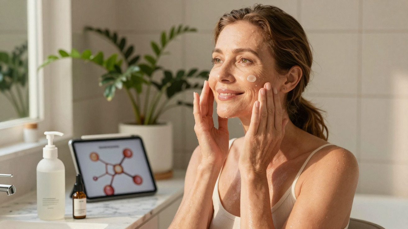 Mulher aplica creme facial num ambiente luminoso com plantas e tablet na bancada.