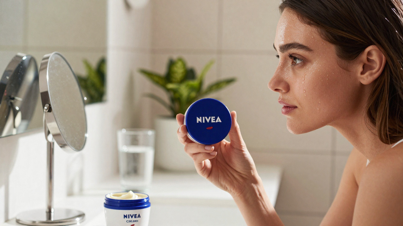 Mulher com gotas de água no rosto segura embalagem azul da creme Nivea num ambiente de casa de banho.