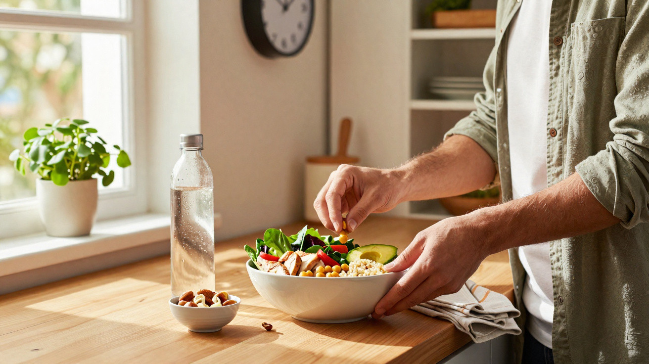 Pessoa a preparar salada saudável com legumes frescos numa cozinha iluminada pela luz natural.