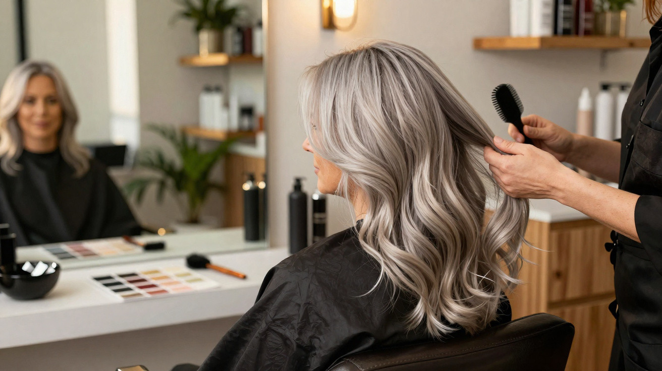 Mulher com cabelo grisalho ondulado a ser penteada num salão de cabeleireiro, vista lateral.
