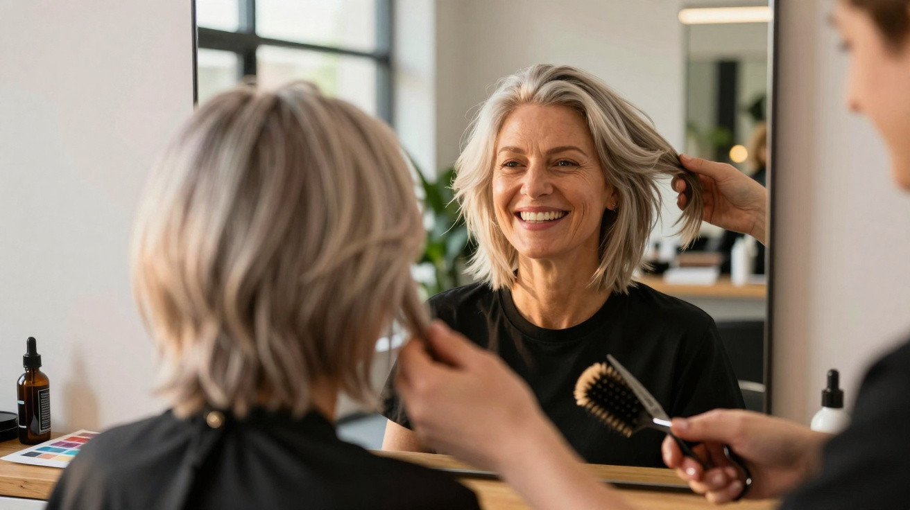 Mulher sorridente com cabelo grisalho curto a ser penteada num salão de cabeleireiro.