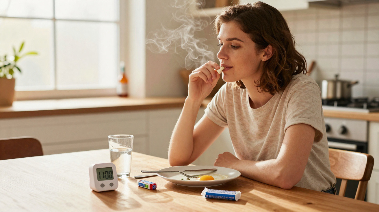Mulher sentada à mesa da cozinha a fumar e olhar pensativa, com prato e temporizador à sua frente.