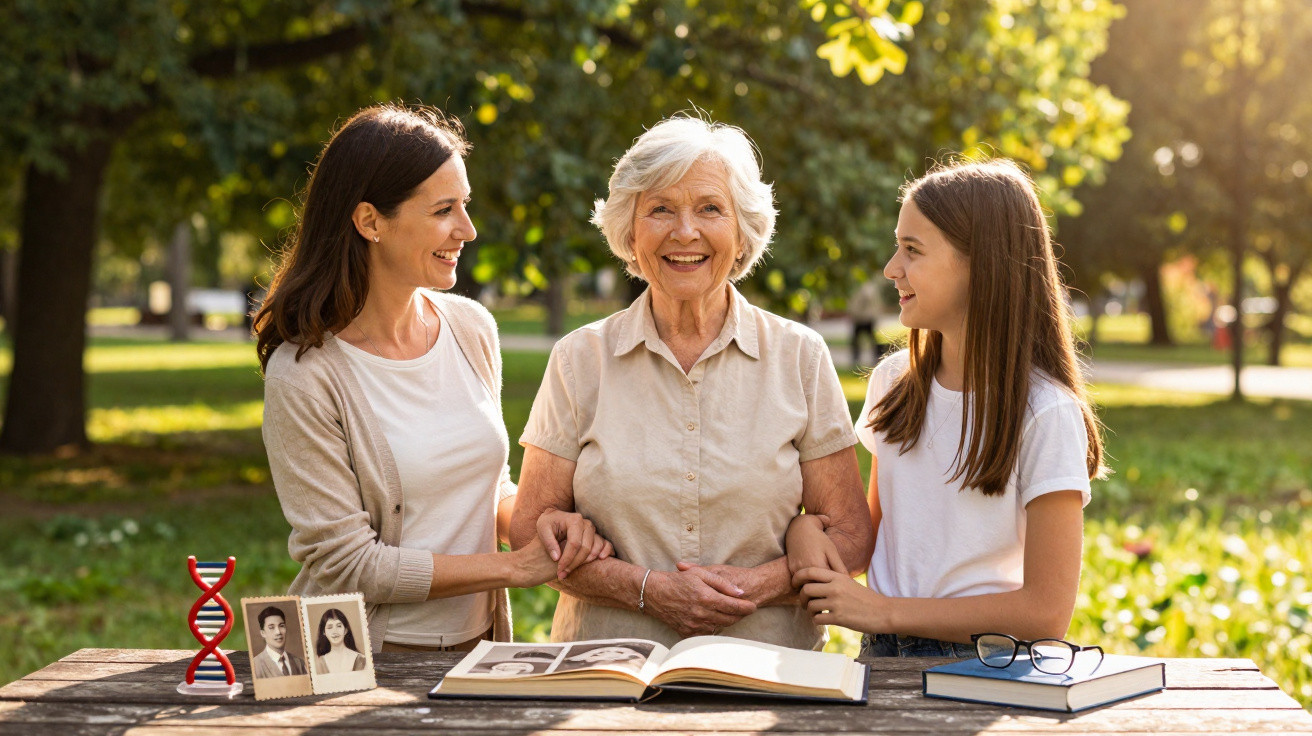 Três gerações femininas sorrindo ao ar livre com fotos antigas e livro de genealogia numa mesa de madeira.