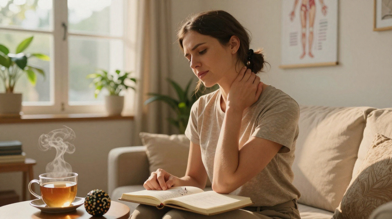 Mulher sentada no sofá com expressão de dor no pescoço, lendo um livro com chá quente na mesa.