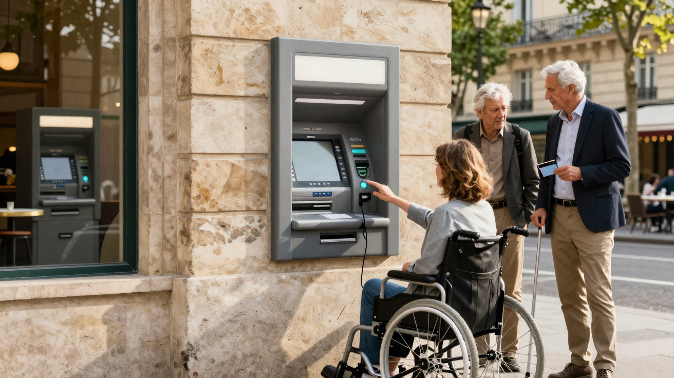 Mulher em cadeira de rodas utiliza caixa multibanco na rua com dois homens idosos a observar.