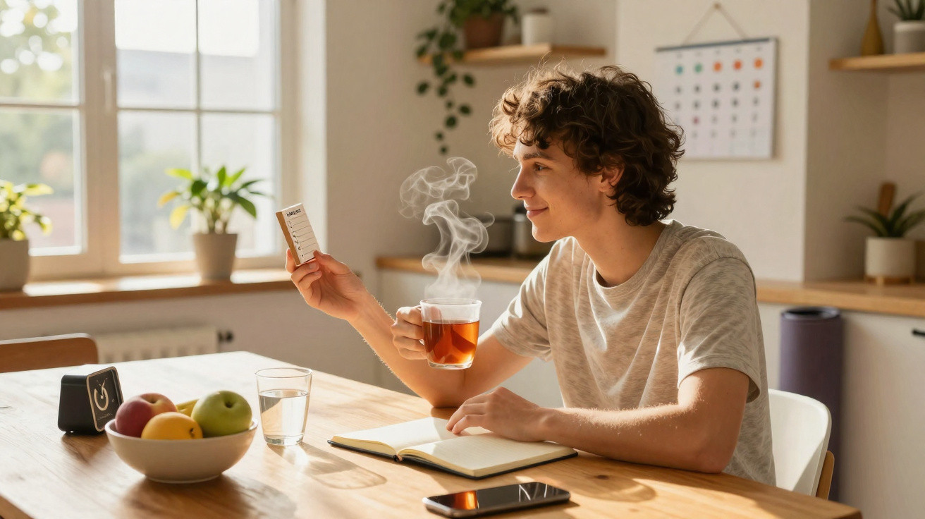 Jovem sentado à mesa com chá quente, lendo informação da embalagem, perto de frutas e caderno aberto.