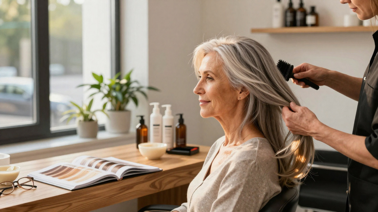 Mulher idosa a receber tratamento de cabelo num salão moderno junto a uma janela com plantas e revista aberta.