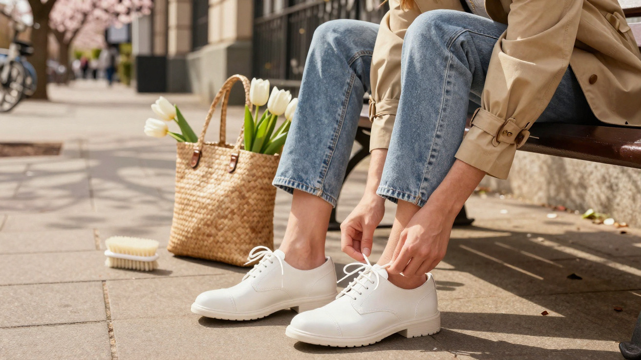 Pessoa sentada num banco urbano a calçar sapatos brancos, com saco de palha e tulipas ao lado no chão.
