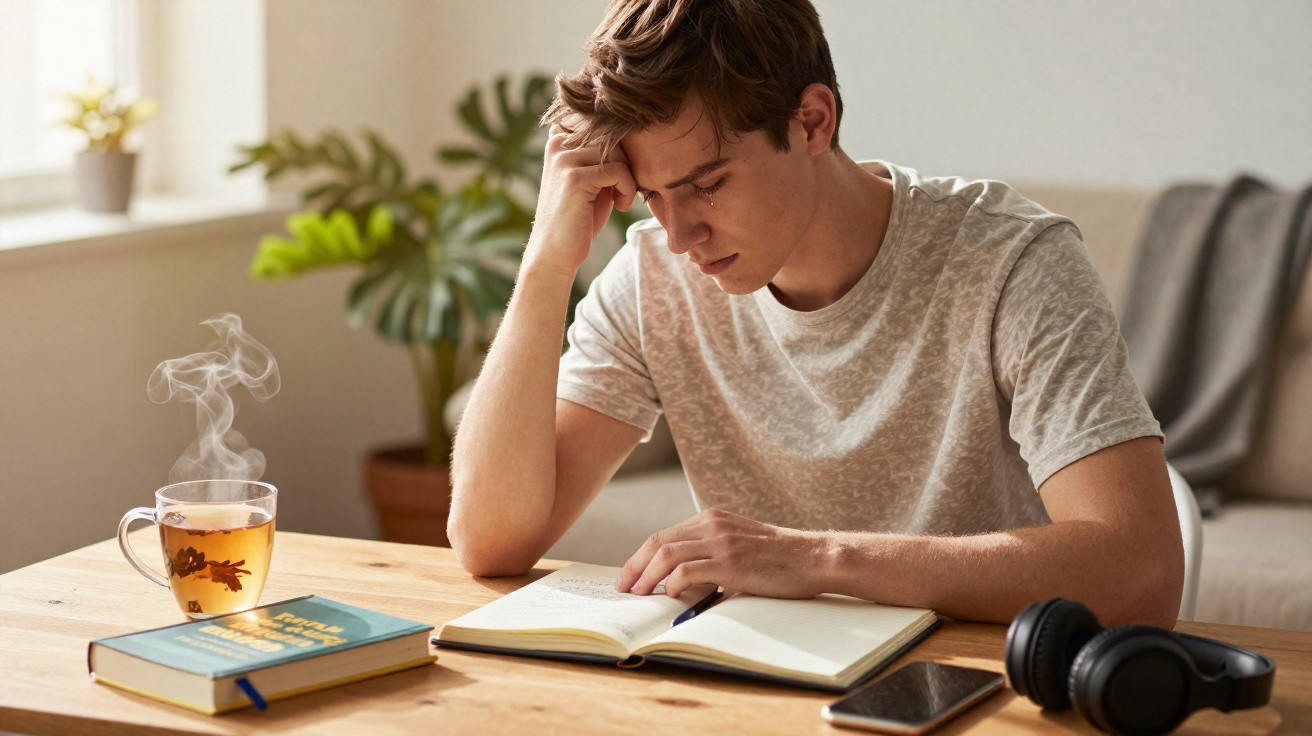 Jovem concentrado a estudar com livro aberto, chá quente, auscultadores e telemóvel numa mesa de madeira.