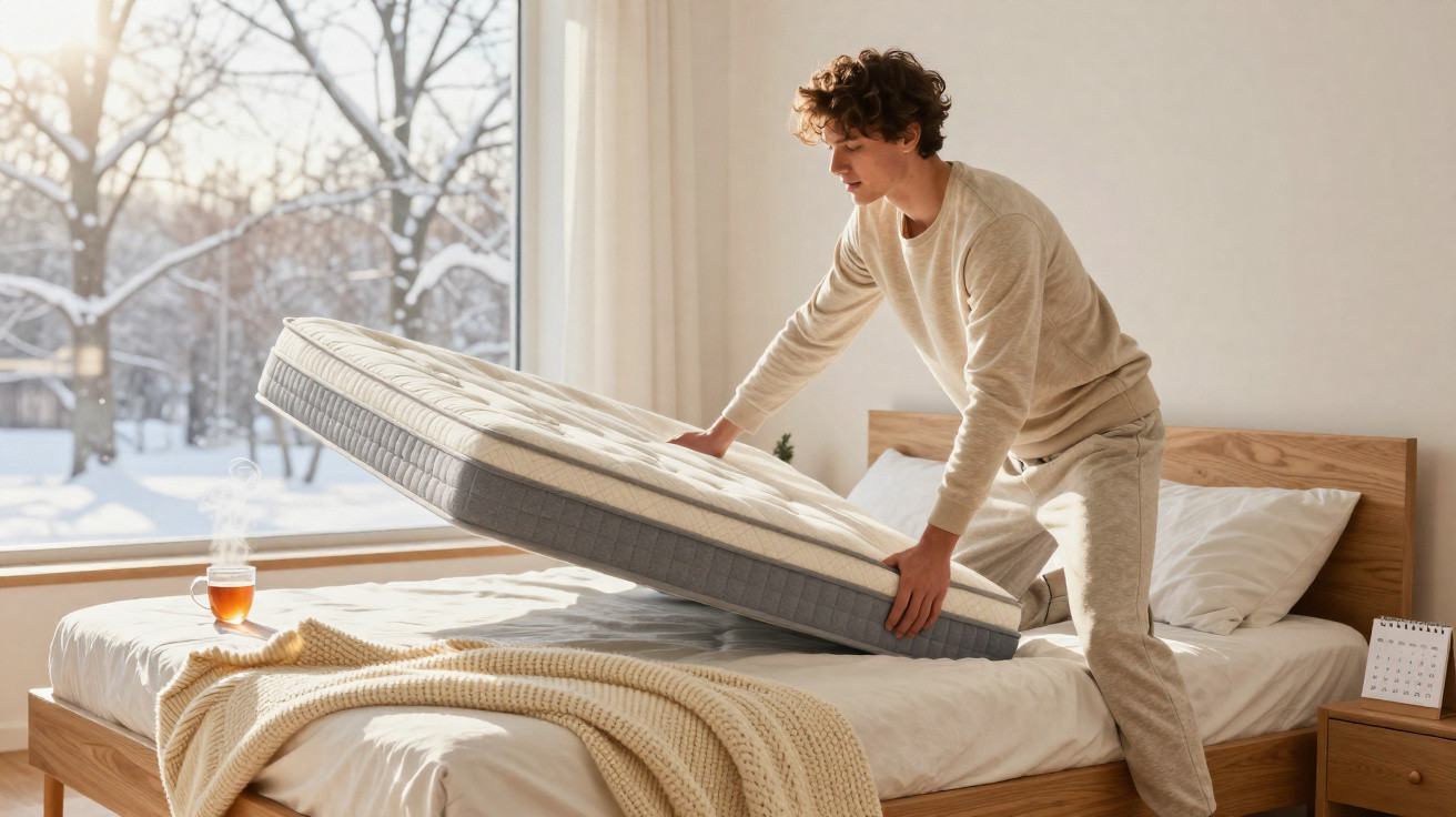 Homem jovem a arejar um colchão numa cama dentro de um quarto com janela para paisagem nevada.