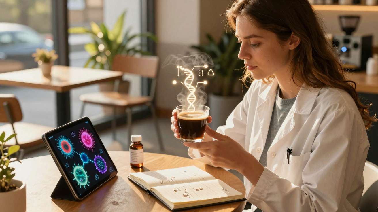 Mulher de bata branca observa café com imagem digital de ADN enquanto estuda vírus num tablet.