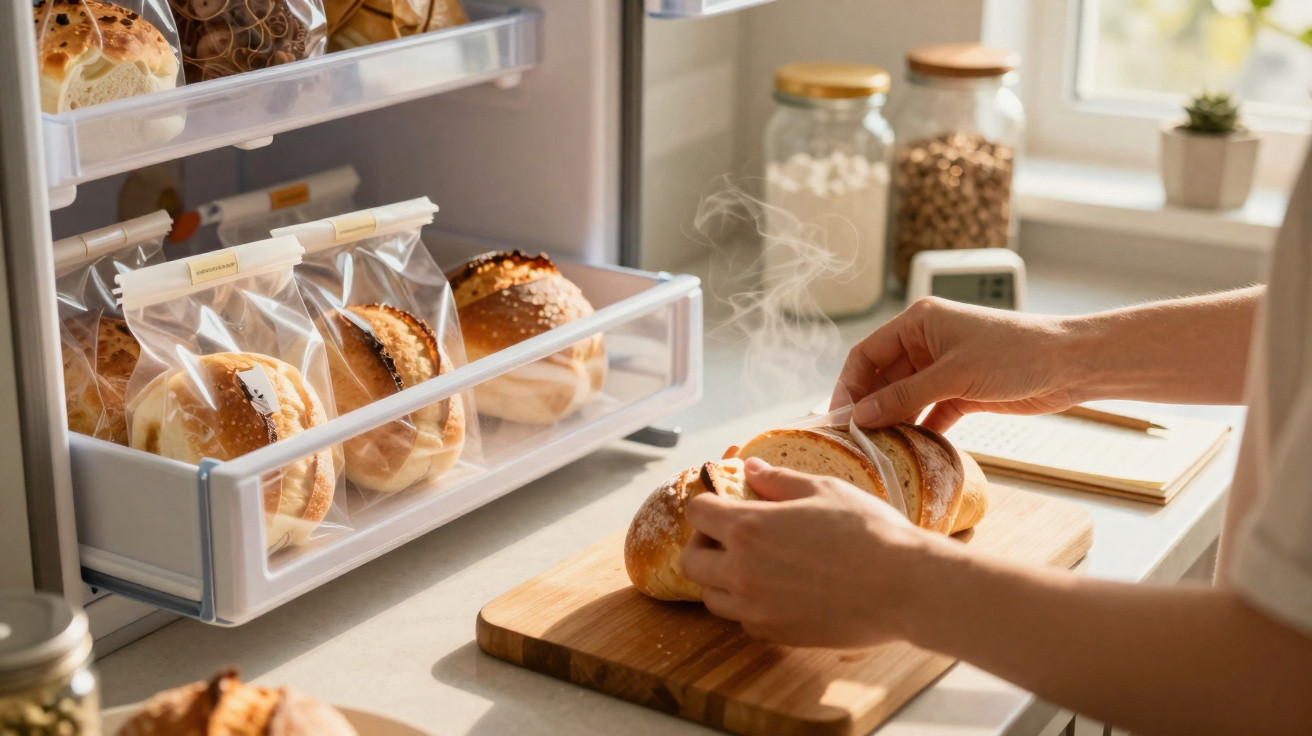 Pessoa a cortar pão fresco numa tábua, com vários pães embalados numa prateleira dentro da cozinha iluminada.