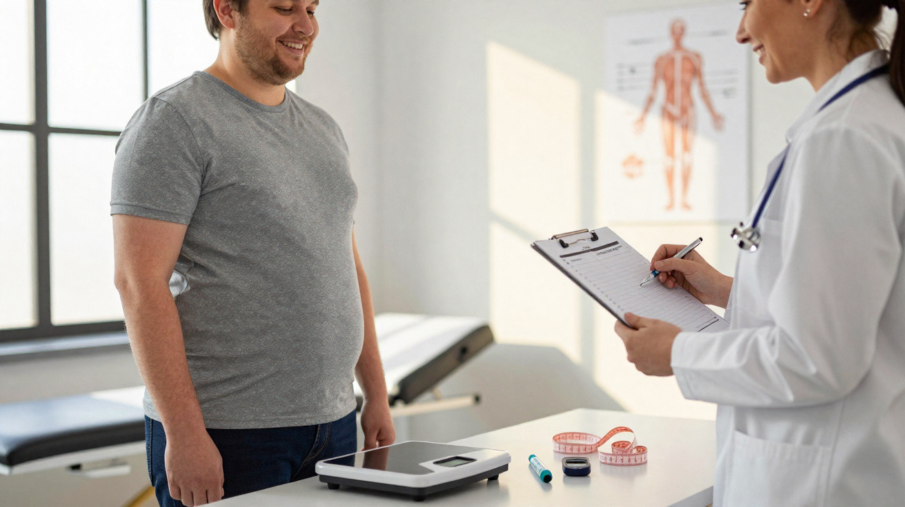 Paciente sorri em consulta médica enquanto profissional de saúde anota informação num consultório.