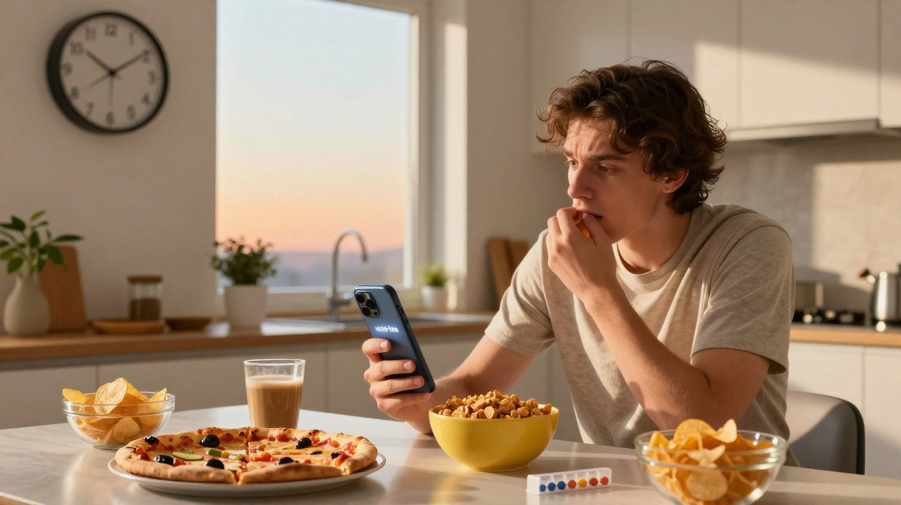 Jovem sentado à mesa na cozinha, com pizza, batatas fritas e um telemóvel na mão durante o pôr do sol.