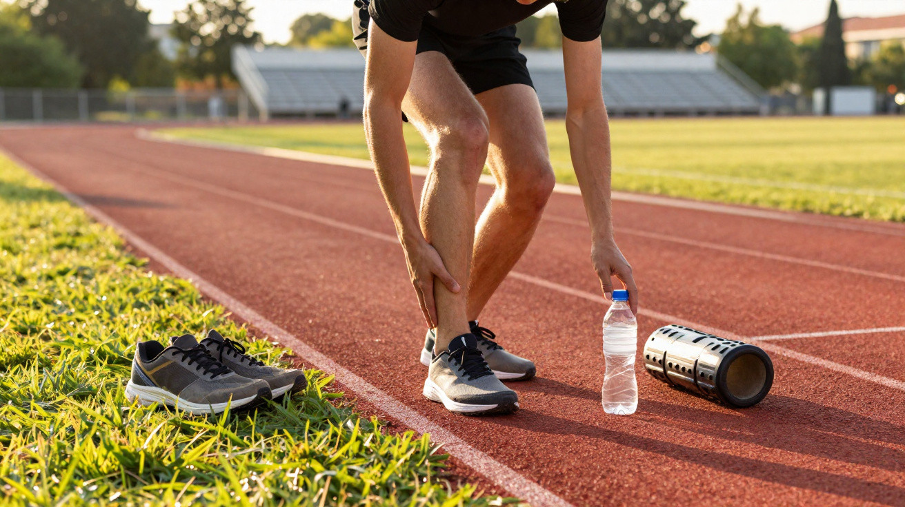 Pessoa com ténis de corrida toca a perna numa pista desportiva, com garrafa de água e rolo de massagem no chão.