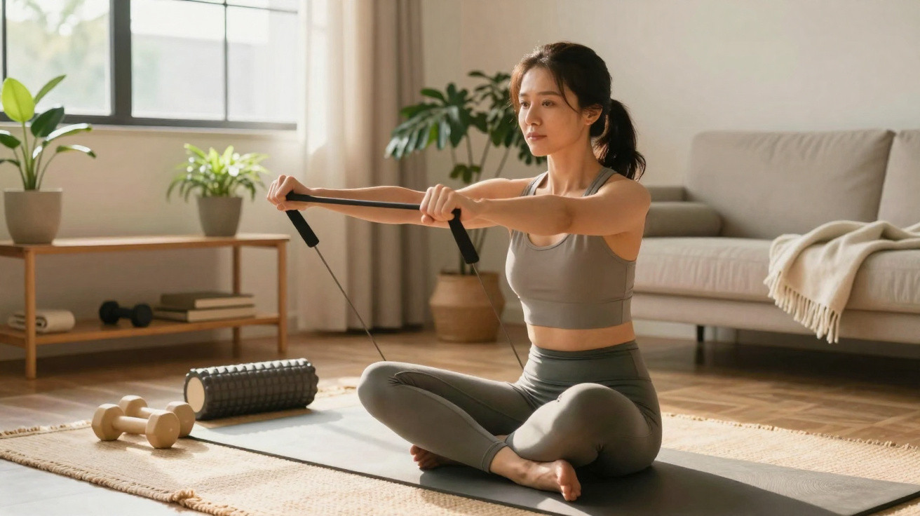 Mulher a fazer exercícios de resistência sentada no tapete da sala com roupa de desporto cinzenta.