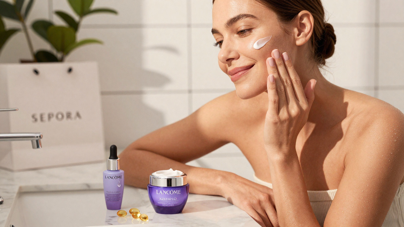 Mulher aplica creme hidratante no rosto com produtos Lancôme num lavabo moderno.