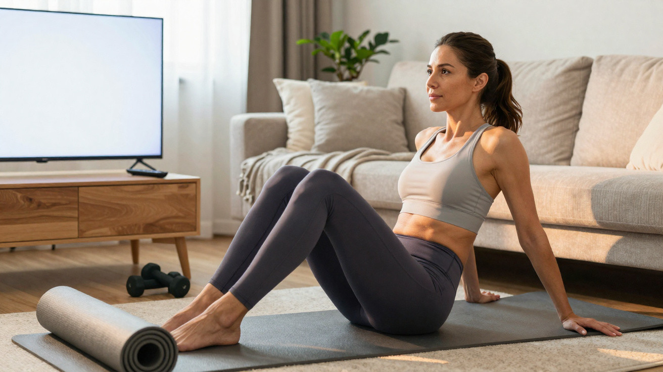 Mulher jovem a fazer exercício no tapete de yoga na sala com televisão e halteres ao lado.