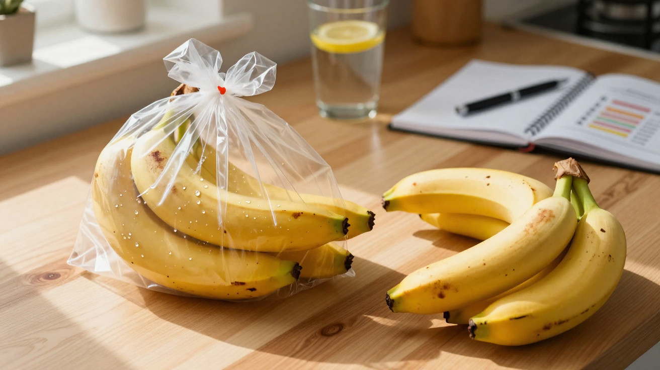Cacho de bananas dentro de saco plástico e outro cacho fora sobre uma mesa de madeira iluminada pelo sol.
