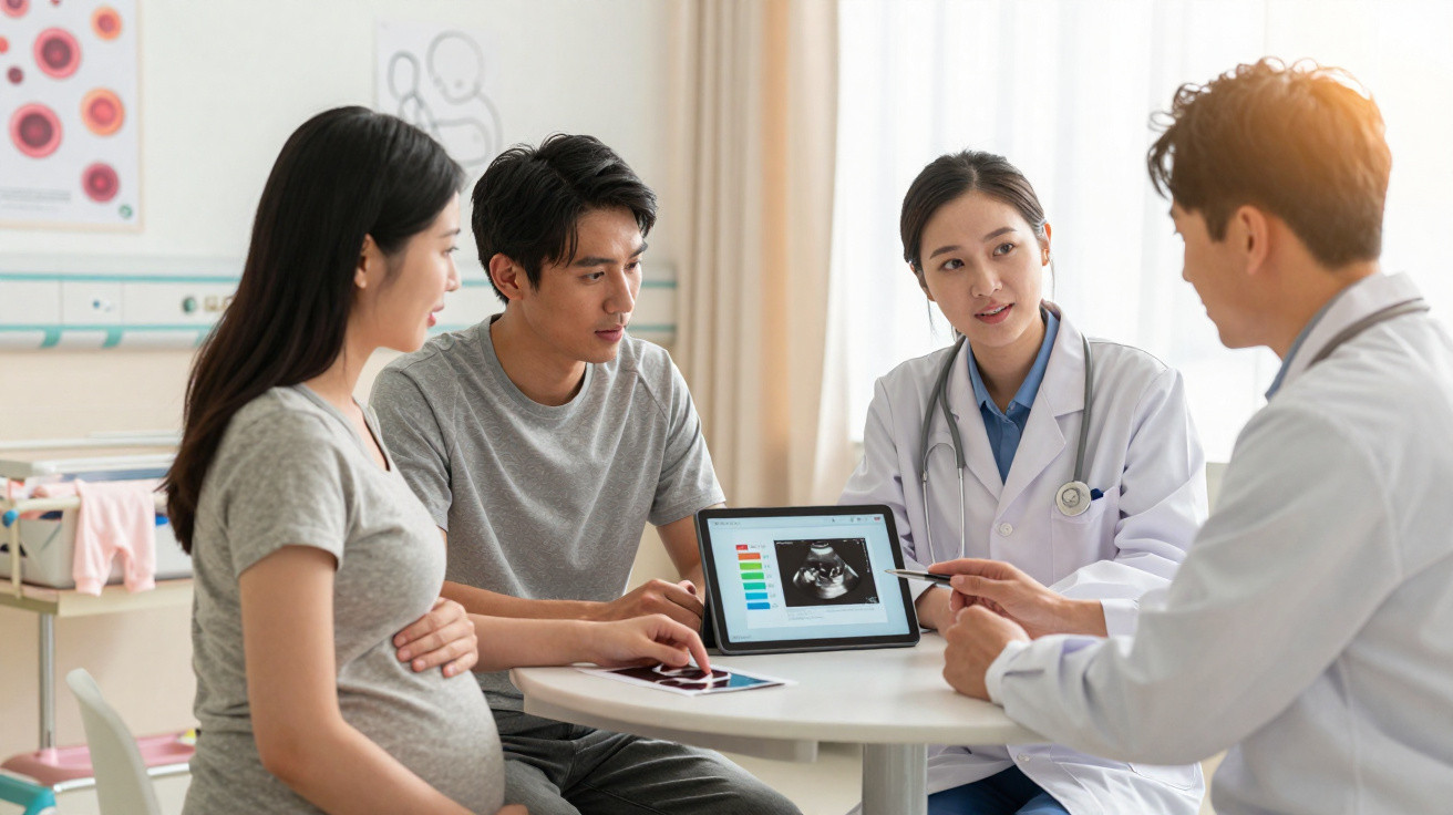 Casal grávido consulta dois médicos, que mostram exame de ultrassom num tablet numa sala de consulta.