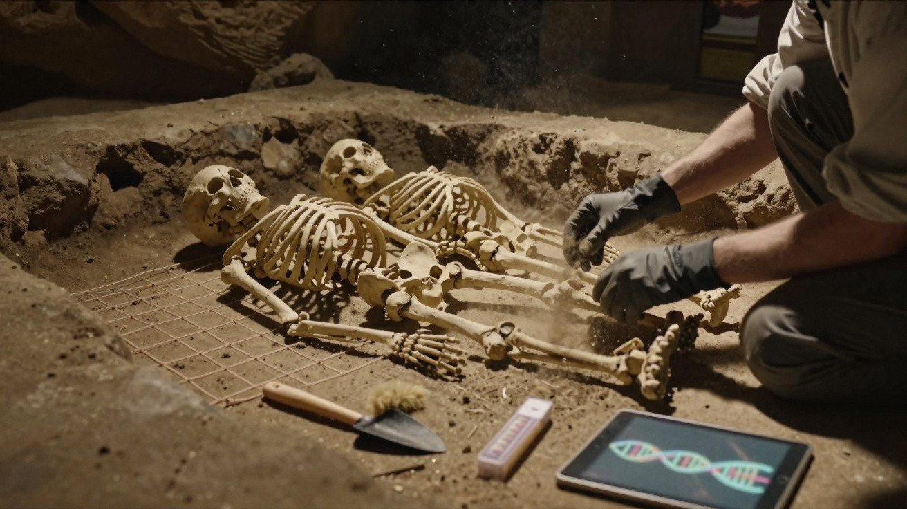 Arqueólogo escava dois esqueletos humanos alinhados numa sepultura, com ferramentas e tablet próximo.