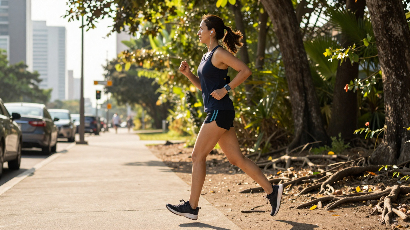 Mulher a correr na rua junto a árvores com auscultadores brancos e roupa desportiva preta.