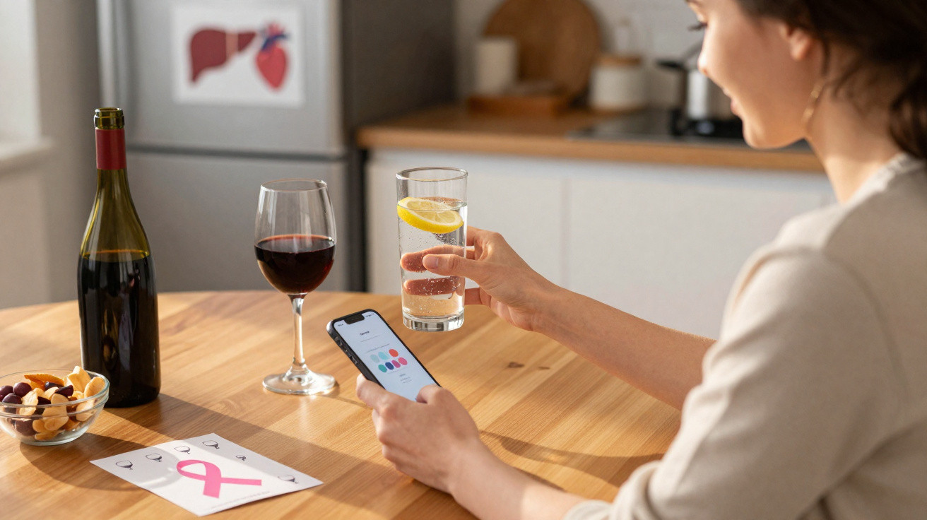 Pessoa a segurar um copo com água e limão e a consultar aplicativo de saúde no telemóvel à mesa com vinho.