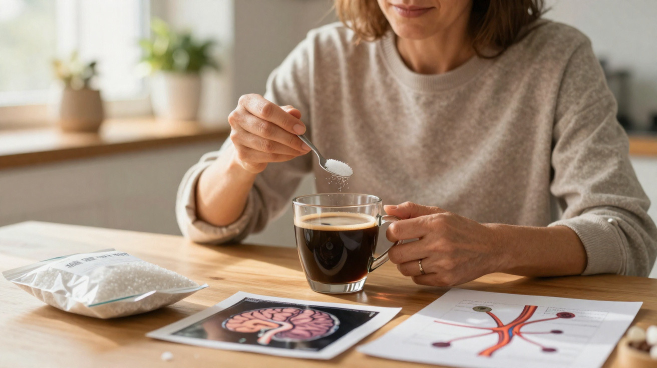 Pessoa de camisola cinzenta adiciona adoçante numa chávena de café, ao lado de imagens médicas de cérebro e vasos sanguíneos.
