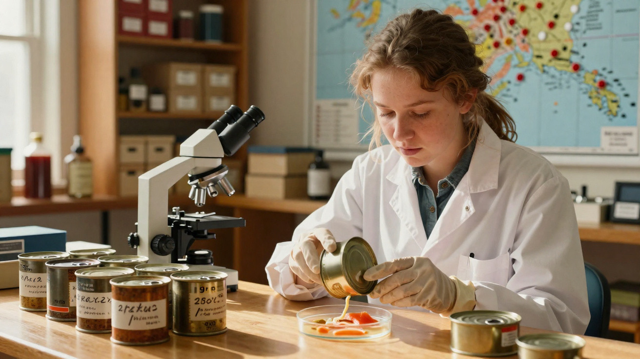 Mulher cientista a analisar amostras em lâmina de petri num laboratório com microscópio e latas antigas.