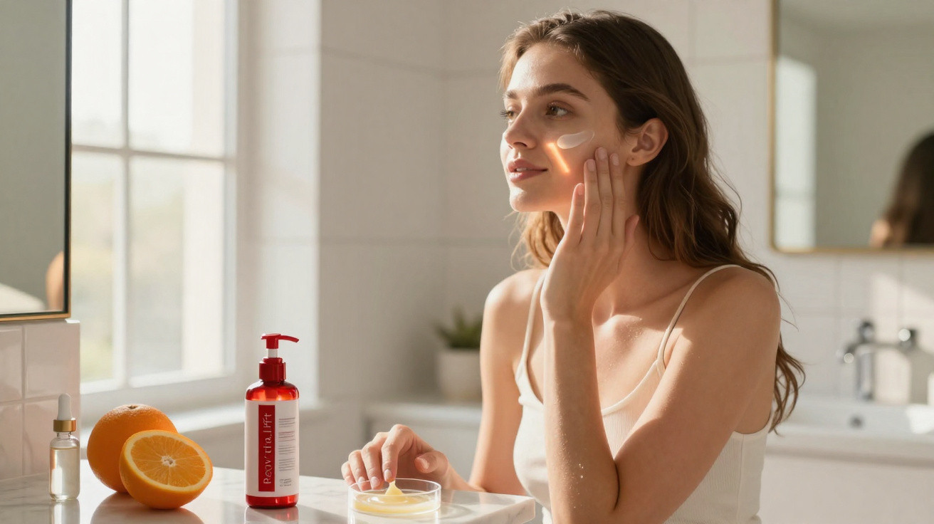 Mulher aplica creme facial num lavabo, ao lado de laranjas e produtos de cuidados de pele.