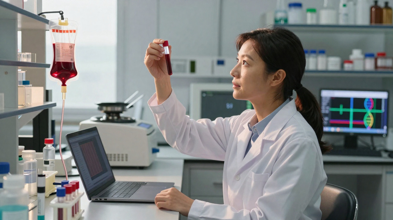 Cientista de bata branca analisa tubo com amostra de sangue vermelho num laboratório moderno.