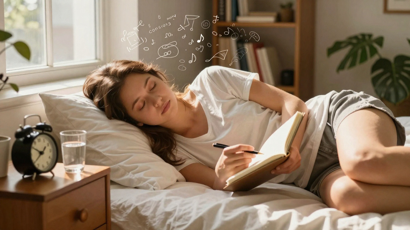 Jovem deitada na cama a escrever num caderno com desenhos de ideias e música ao redor da cabeça.