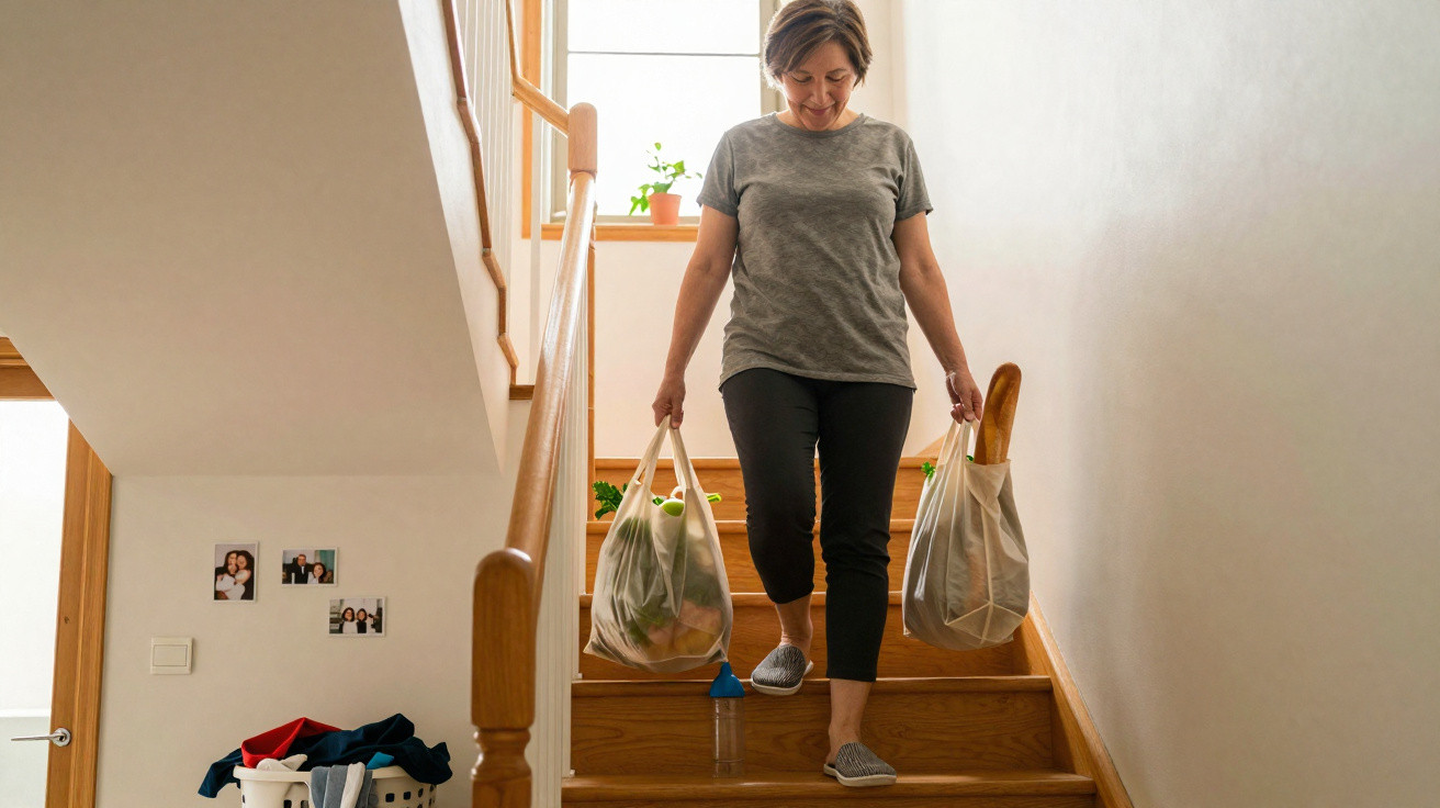 Mulher a descer escadas em casa com sacos reutilizáveis cheios de compras e baguete numa das mãos.