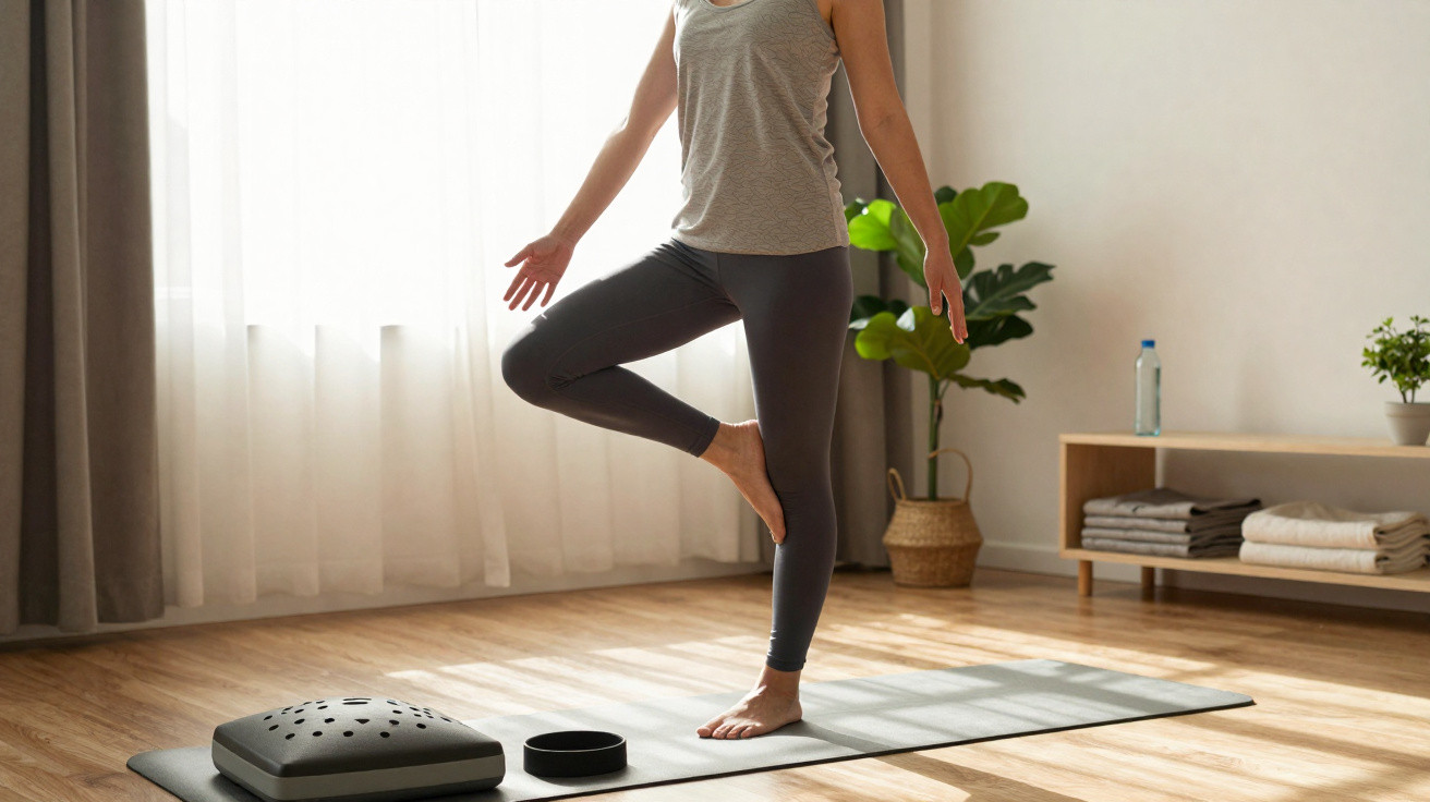 Pessoa a praticar yoga em sala iluminada, numa postura de equilíbrio sobre uma perna, com tapete e acessórios de exercício.