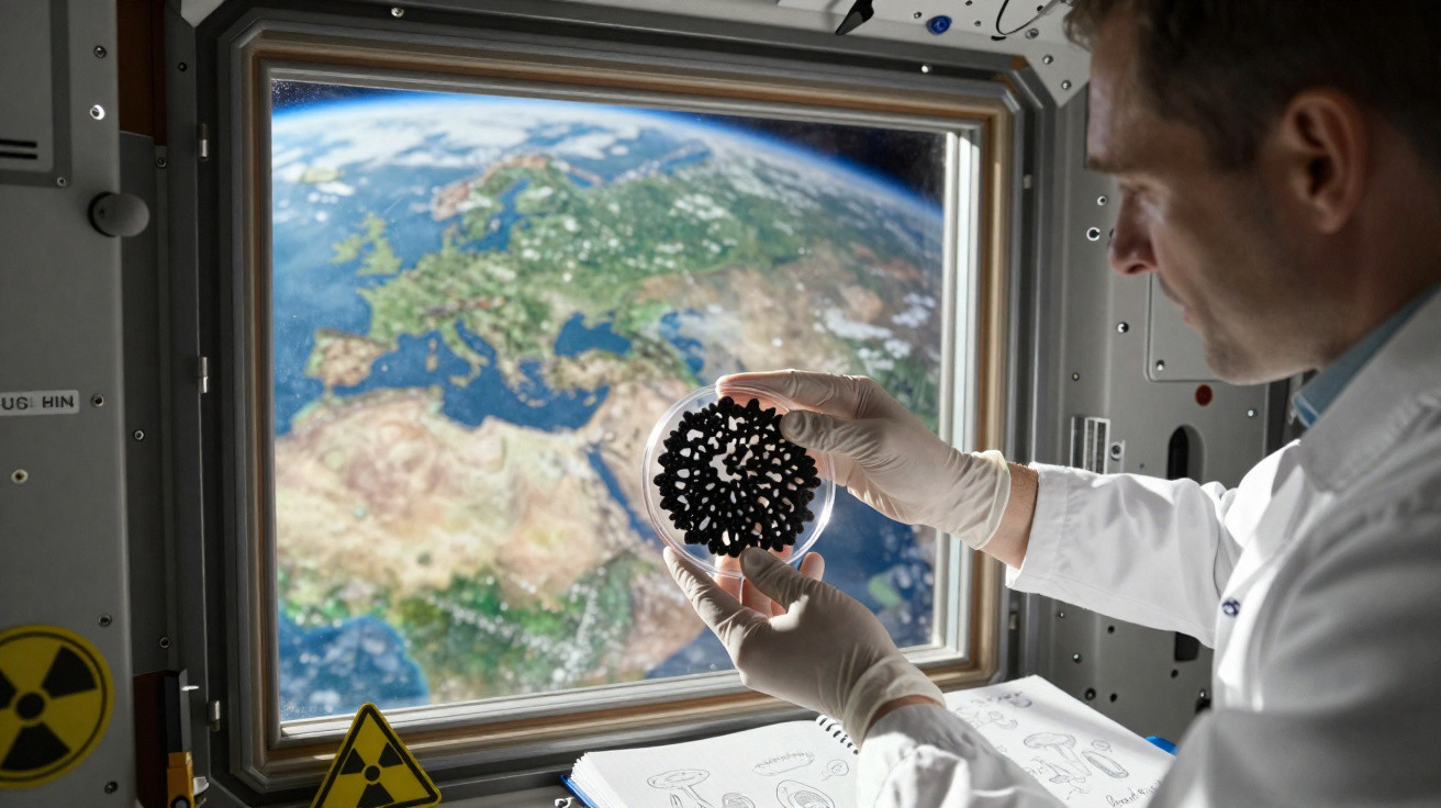 Astronauta a observar material científico em placa com vista da Terra pela janela da nave espacial.