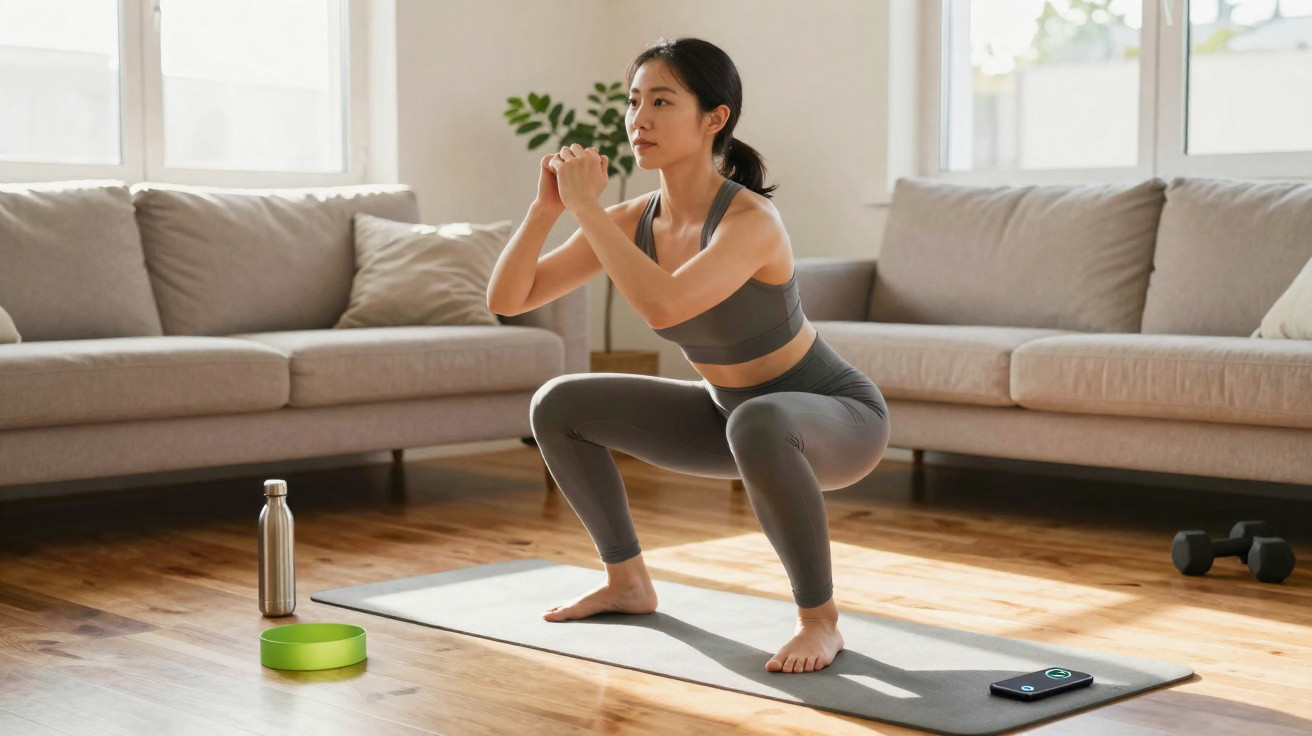 Mulher a fazer agachamento descalça numa sala de estar com equipamento de treino ao redor.
