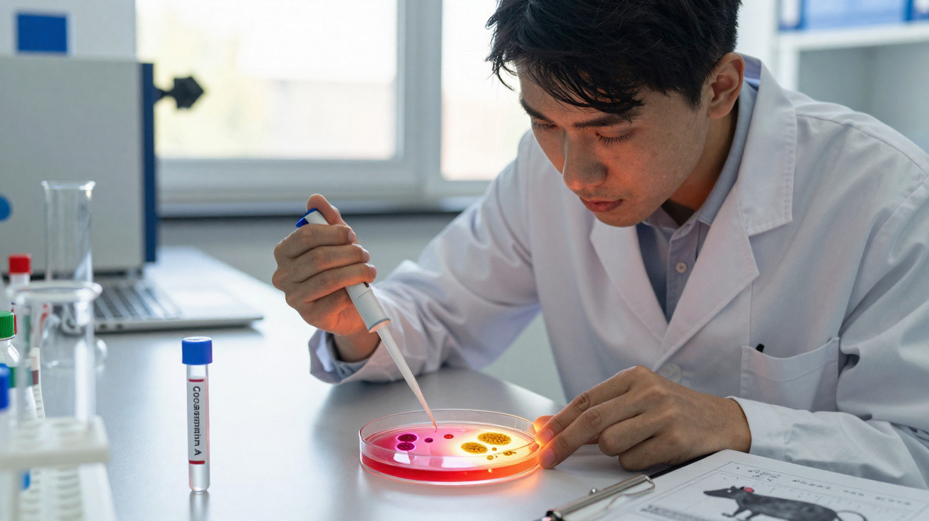 Cientista em laboratório a pipetar substâncias numa placa de Petri com bactérias e microbiologia.