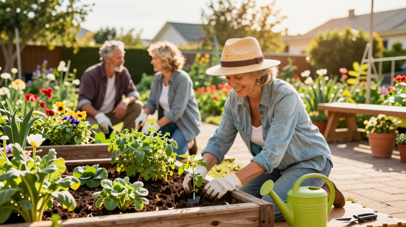 Mulher idosa a plantar numa horta urbana, com casal idoso ao fundo num jardim ensolarado.