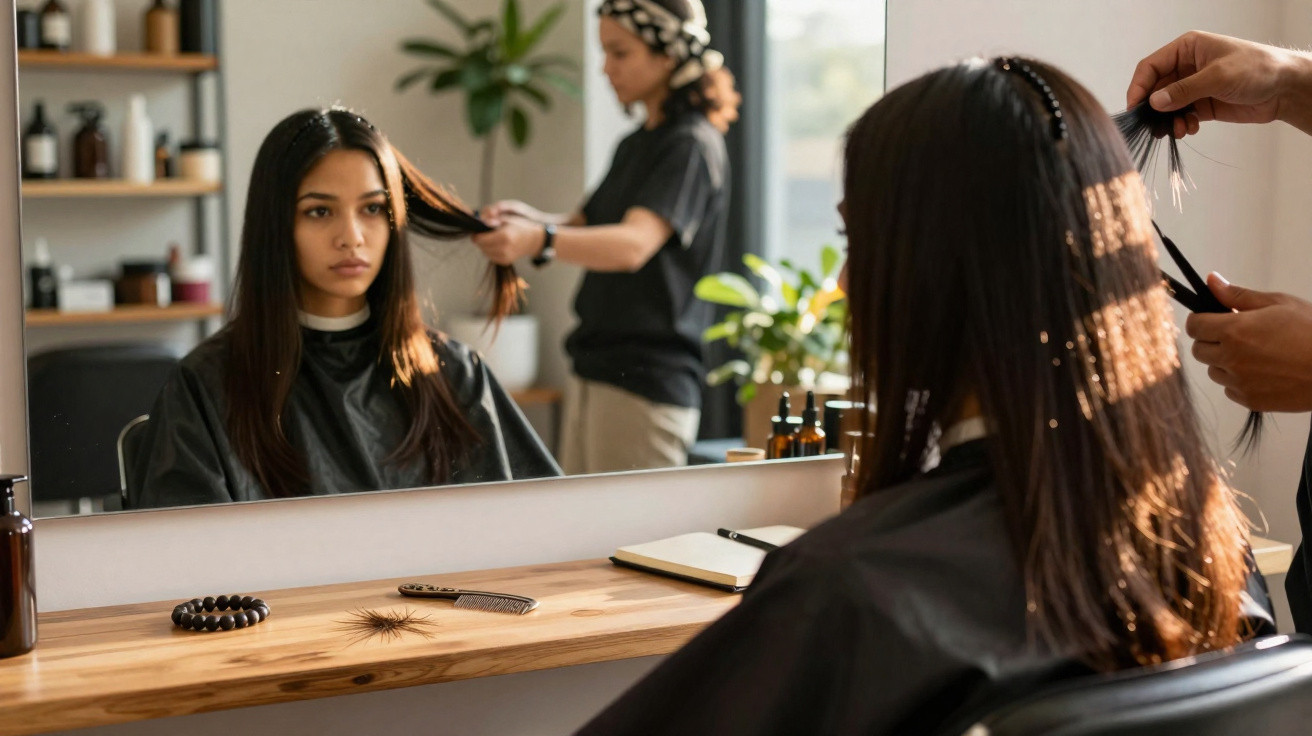 Mulher jovem com cabelo escuro sentada em cabeleireiro enquanto profissional penteia seu cabelo.