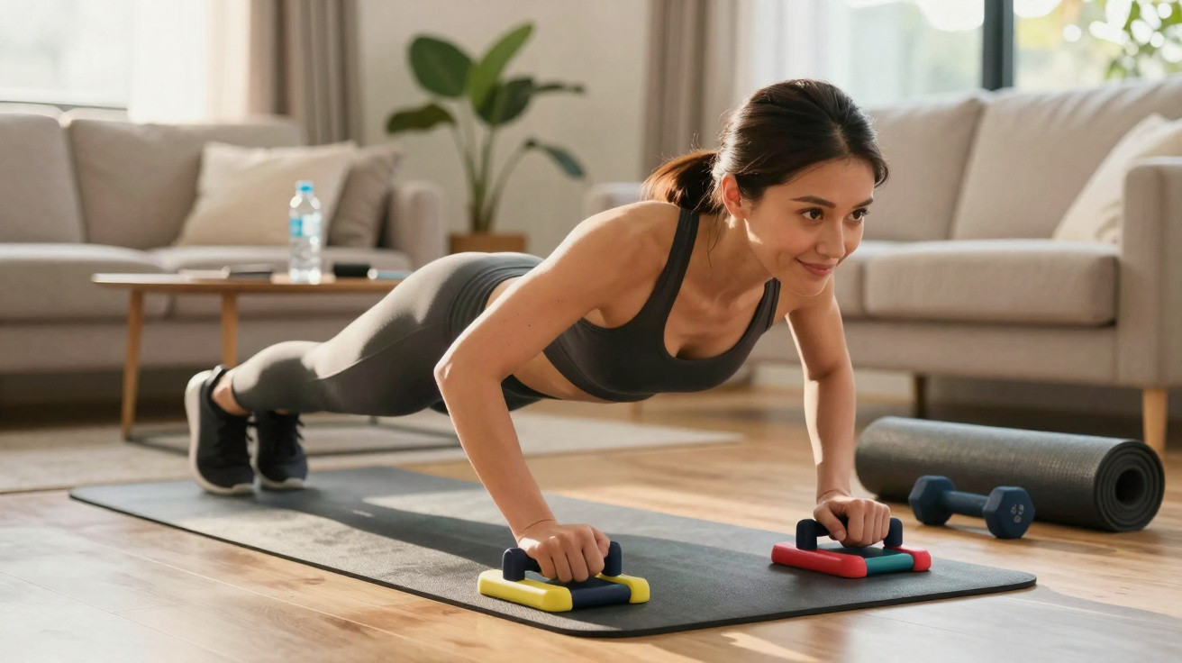 Mulher a fazer flexões com apoios de mão numa sala de estar numa manta de exercício.