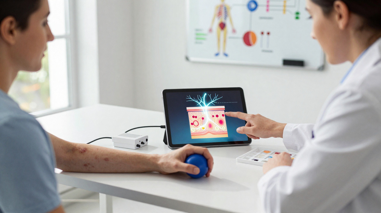 Médica explica ao paciente lesões na pele usando imagem digital numa tablet num consultório.