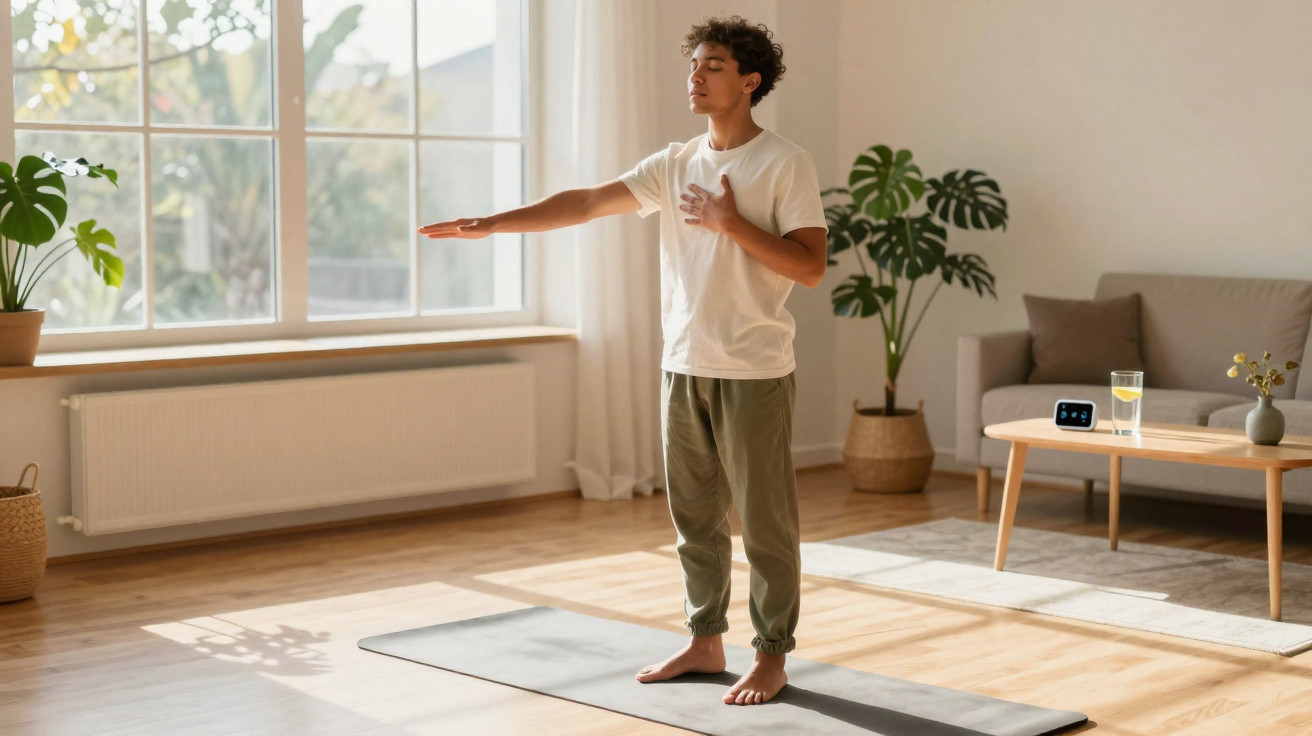 Homem a praticar meditação em casa, de olhos fechados, com uma mão no peito e outra estendida.