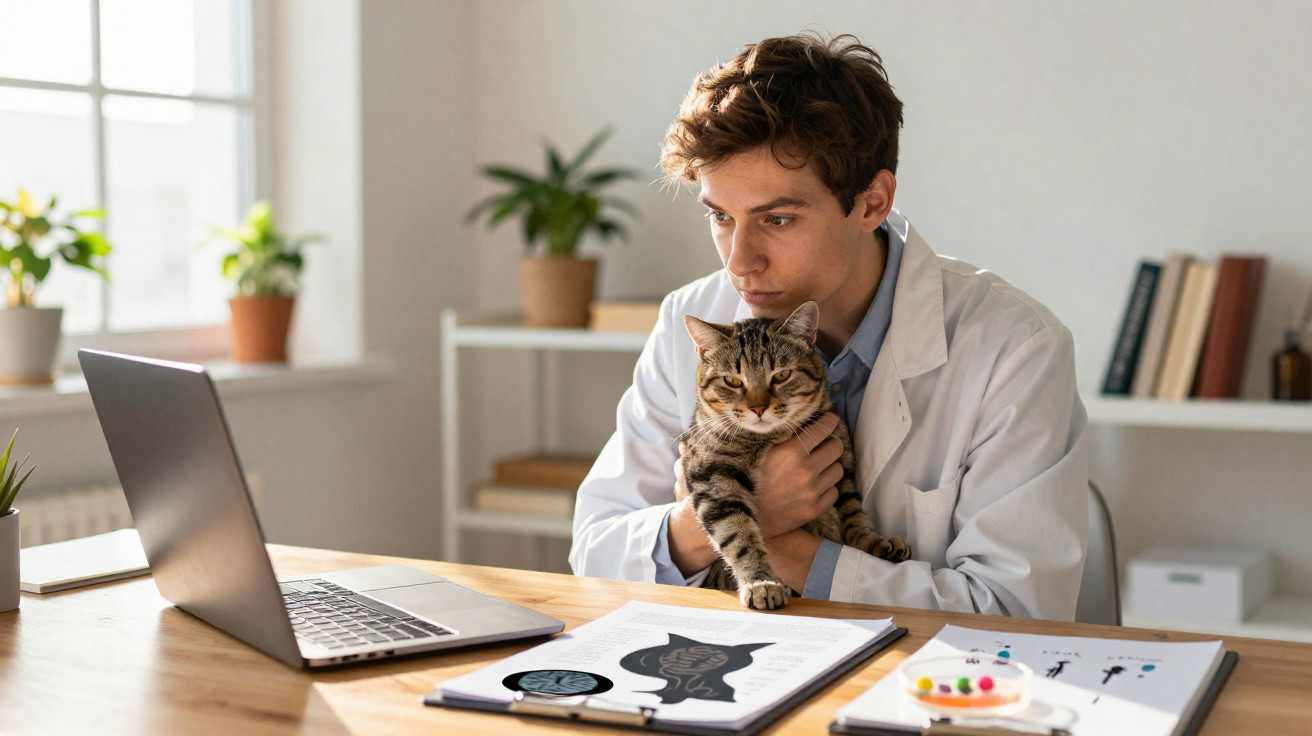 Veterinário jovem numa consulta online segurando um gato tigrado sentado à secretária com computador.