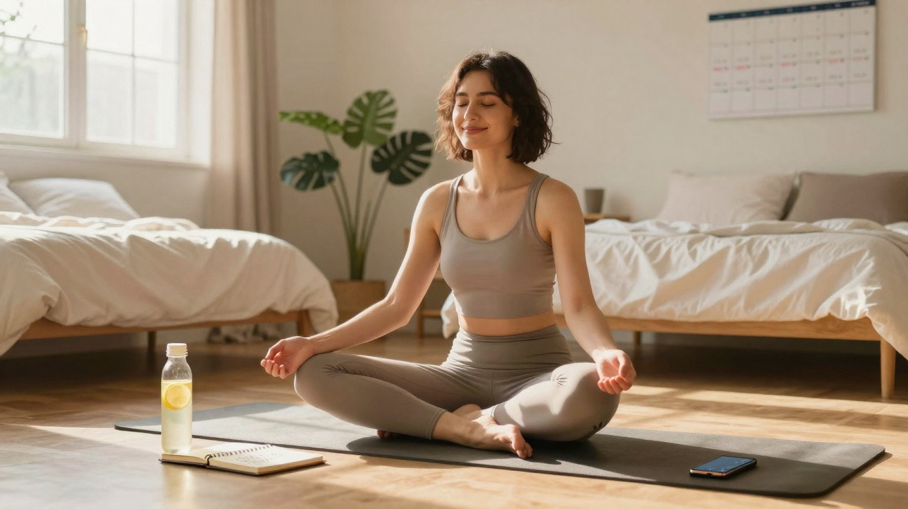 Mulher sentada em posição de meditação num tapete de yoga, numa sala iluminada e relaxante.