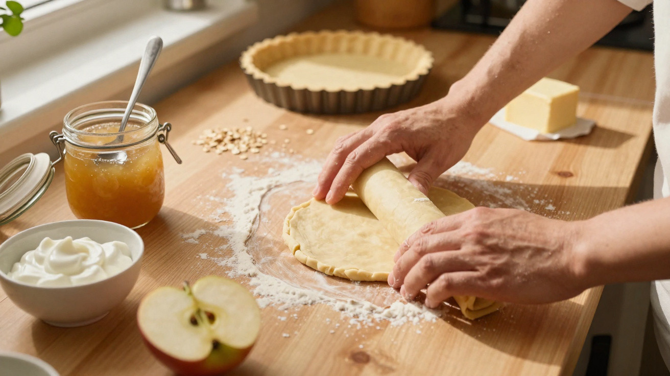 Mãos a enrolar massa sobre bancada com farinha, maçã cortada, compota, creme e forminha para tarte.
