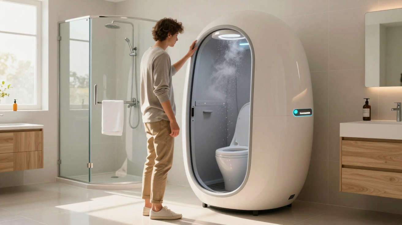 Homem observa cabine futurista de higienização automática de sanitários numa casa de banho moderna.