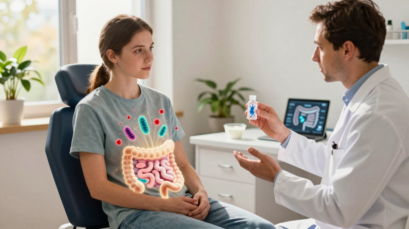 Mulher a receber consulta médica sobre saúde intestinal com ilustração de intestinos e bactérias.